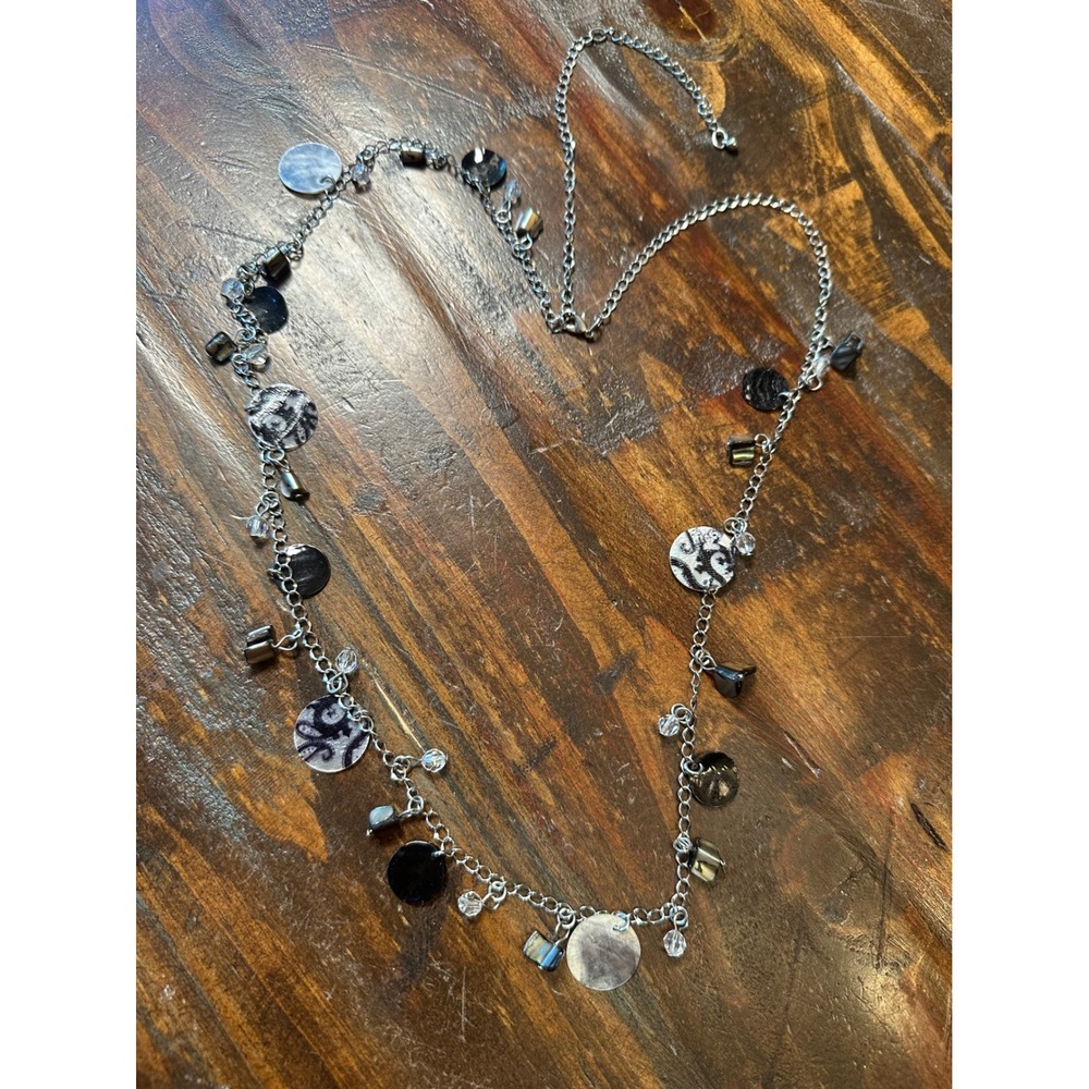 Silver Tone Long Station Necklace Black White Shell Charms Patterned Discs 39in
